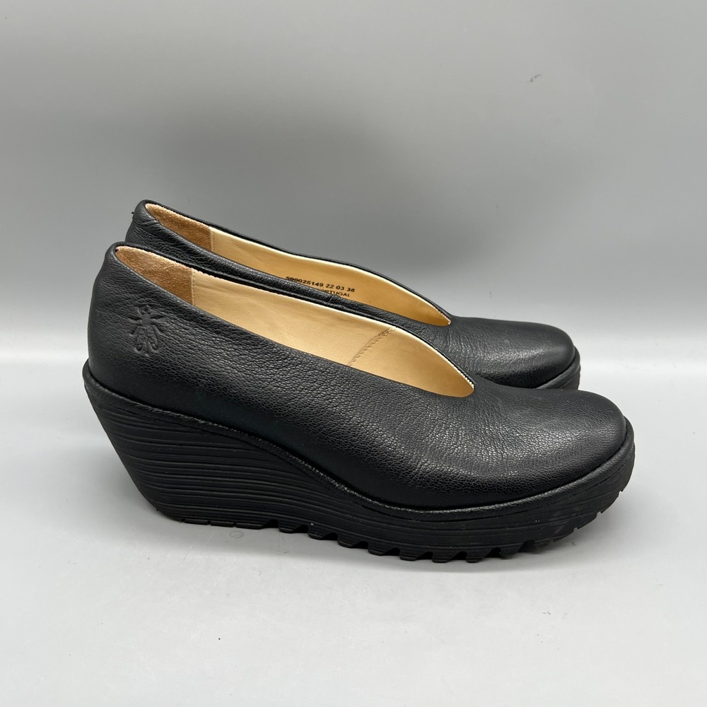 Fly London Shoes Womens 7.5 Black Leather Yaz Wedge Heel Court Pumps Slip On